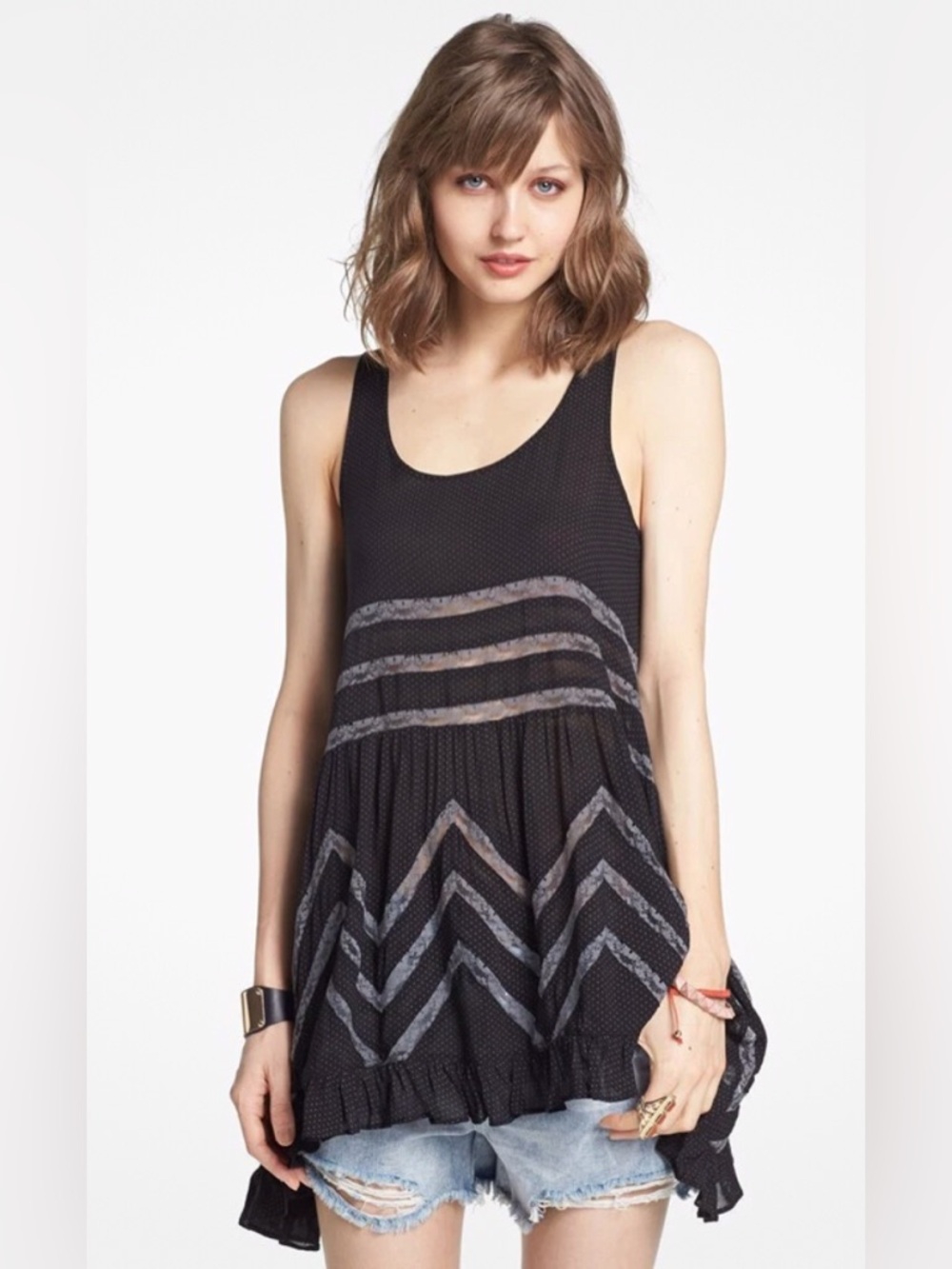 Free People Voile and Lace loose fit tank asymmetrical hem boho festival